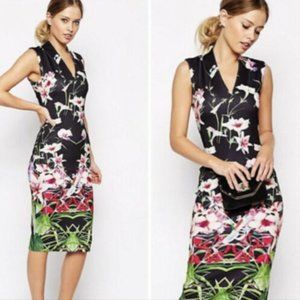 NWT TED BAKER JALITA MIRRORED TROPICS FLORAL MIDI SHEATH DRESS